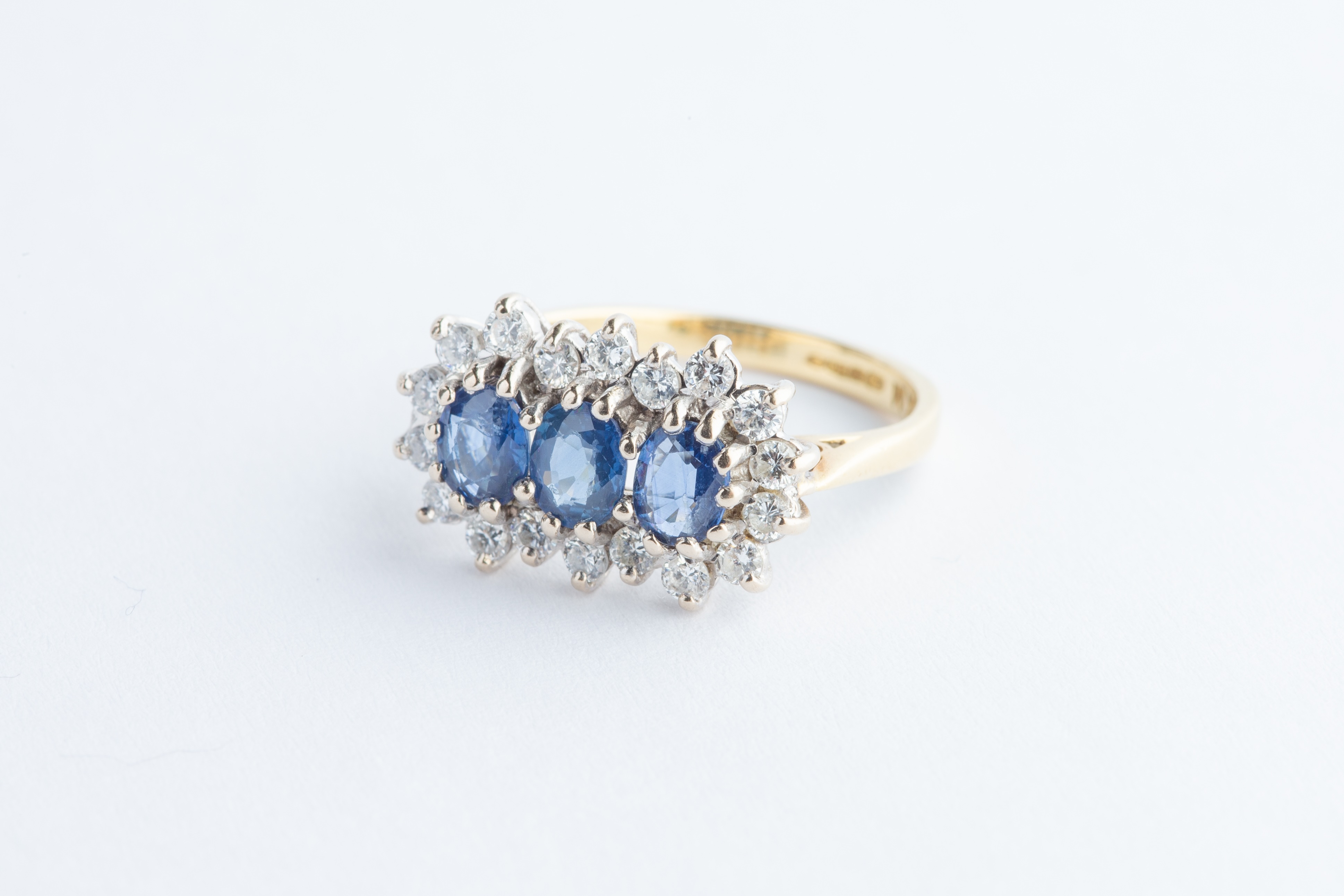 A 18ct Yellow Gold Three Stone Sapphire & Diamond Cluster Ring, - Image 2 of 5