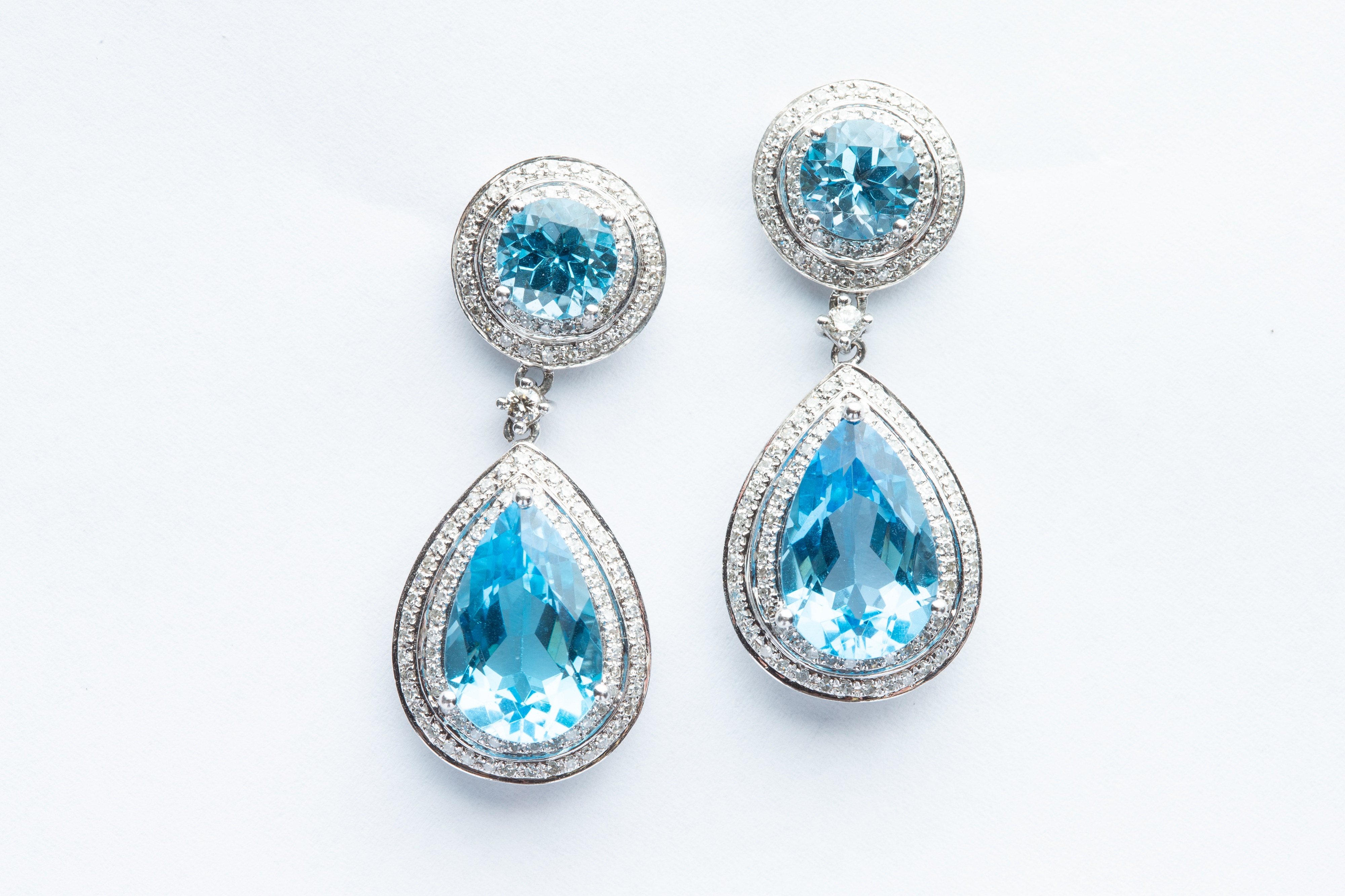 A Pair of 14ct White Gold Blue Topaz & Diamond Drop Earrings,