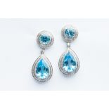 A Pair of 14ct White Gold Blue Topaz & Diamond Drop Earrings,