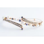 A 14ct Gold Continental Sapphire, Diamond & Seed Pearl Crossover Bangle Bracelet,