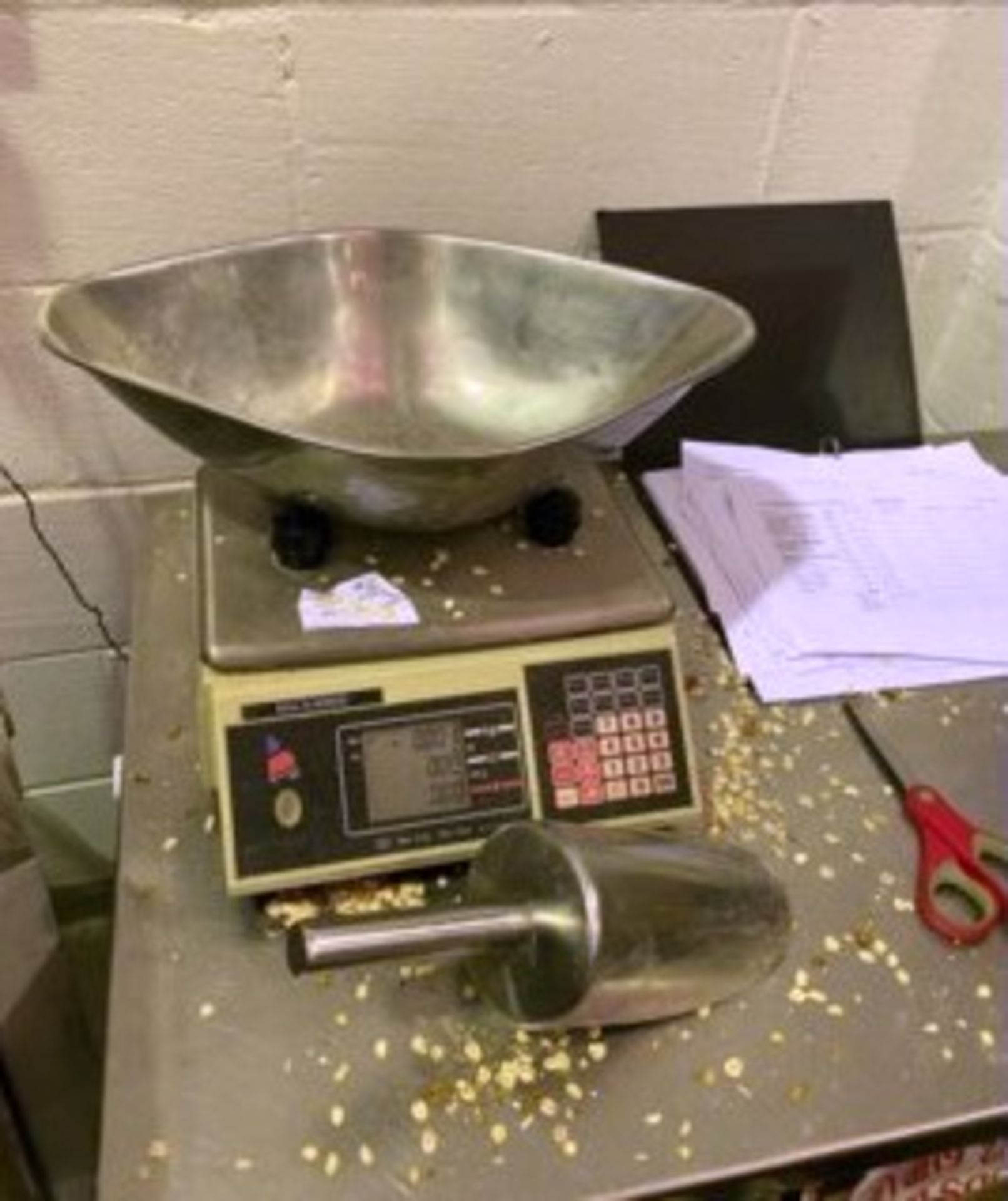 STAINLESS STEEL TABLE WITH 3 SHELVES. C/W SCALES. Lo £10. - Image 2 of 2