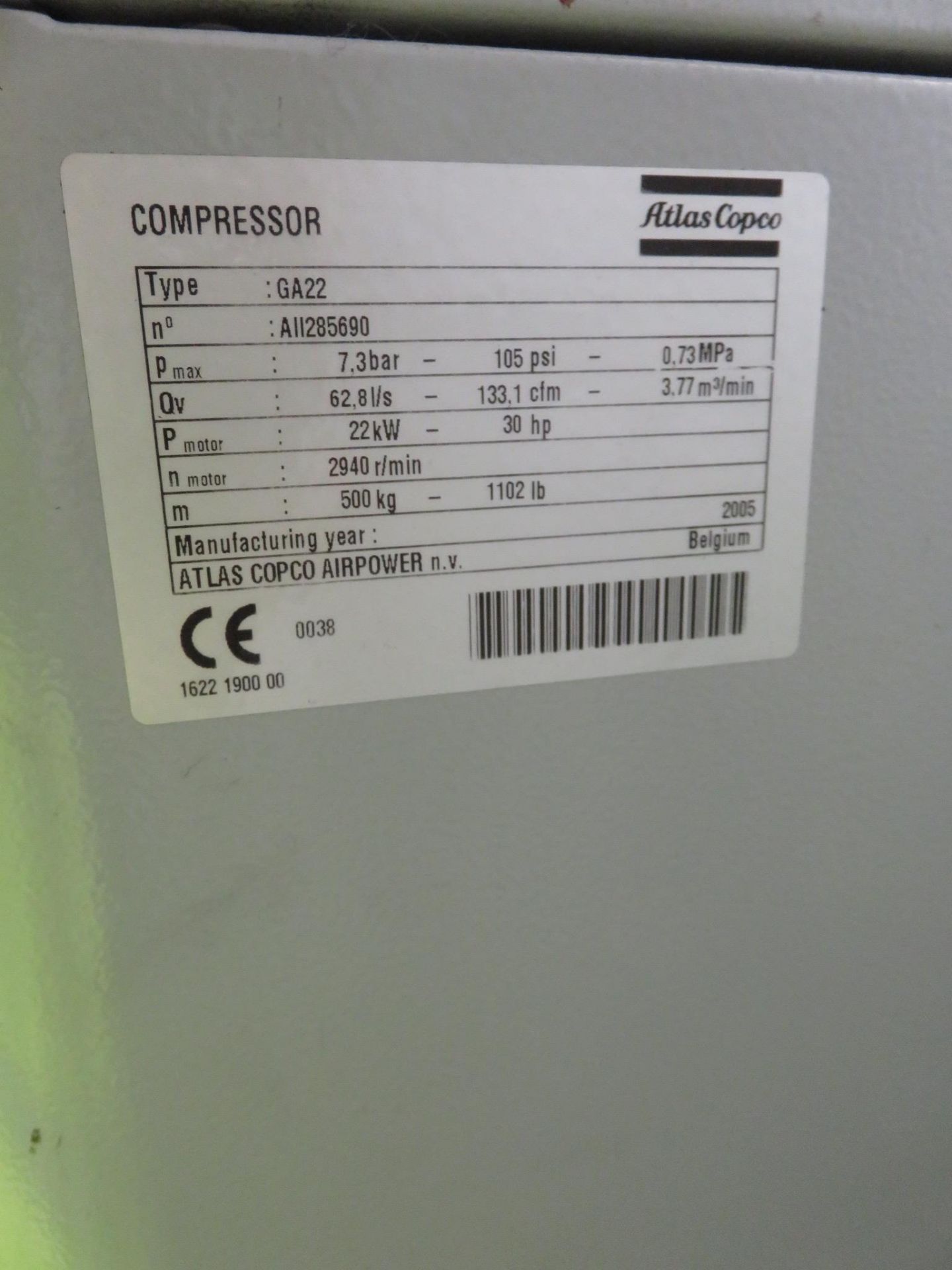 ATLAS COPCO AIR COMPRESSOR. - Image 3 of 3