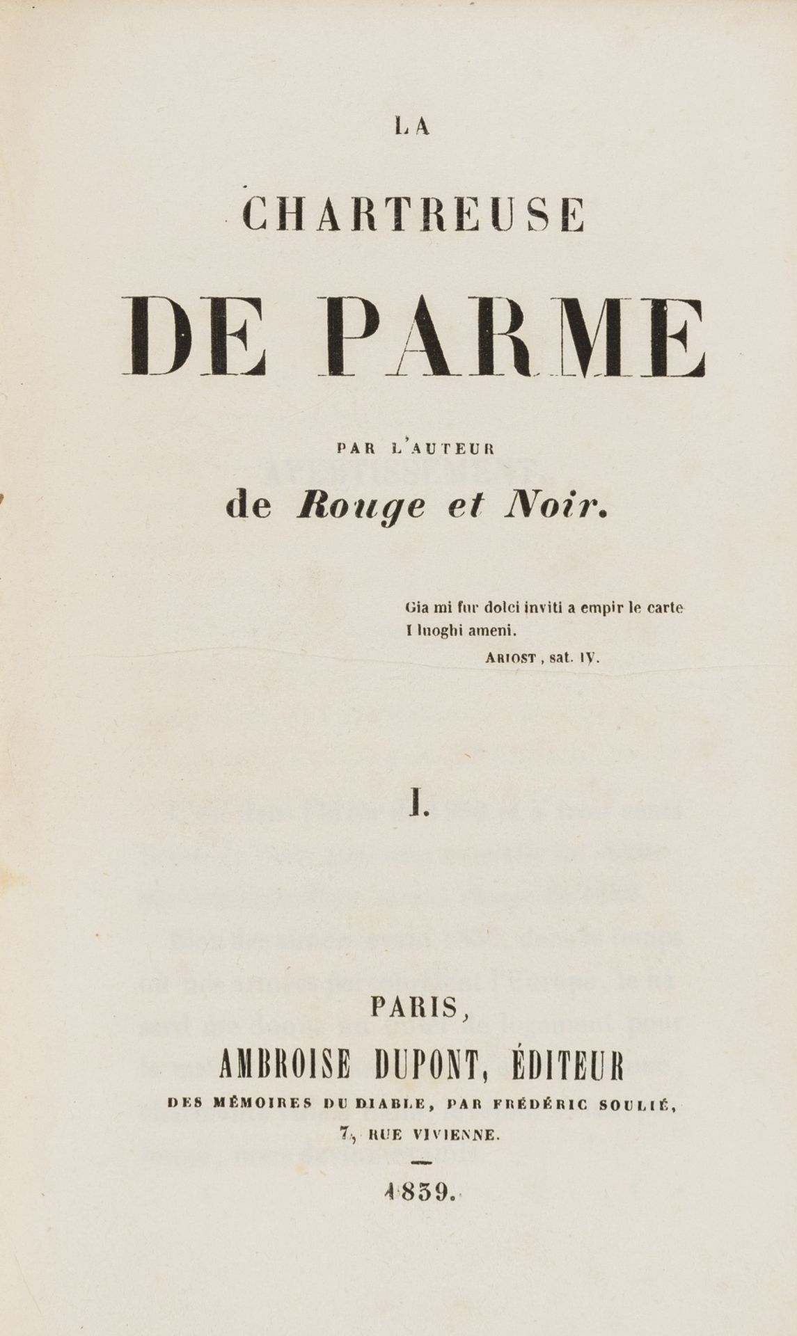 Stendhal. La Chartreuse de Parme, 2 vol., first edition, first issue, Paris, Ambroise Dupont, 1839. - Image 2 of 2