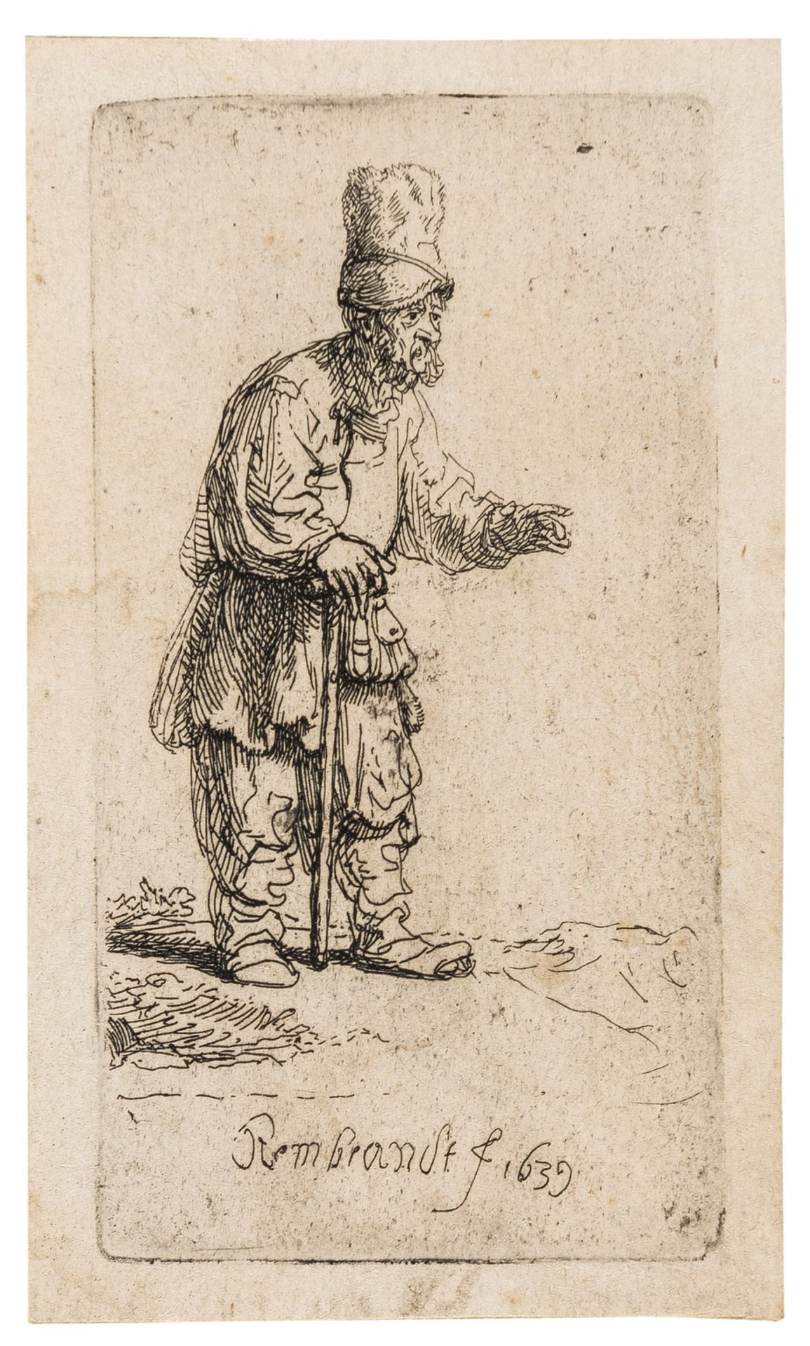 Rembrandt van Rijn (1606-1669) A Peasant in a High Cap, Standing Leaning on a Stick