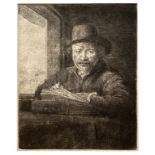 Rembrandt van Rijn (1606-1669) Self-Portrait etching at a Window