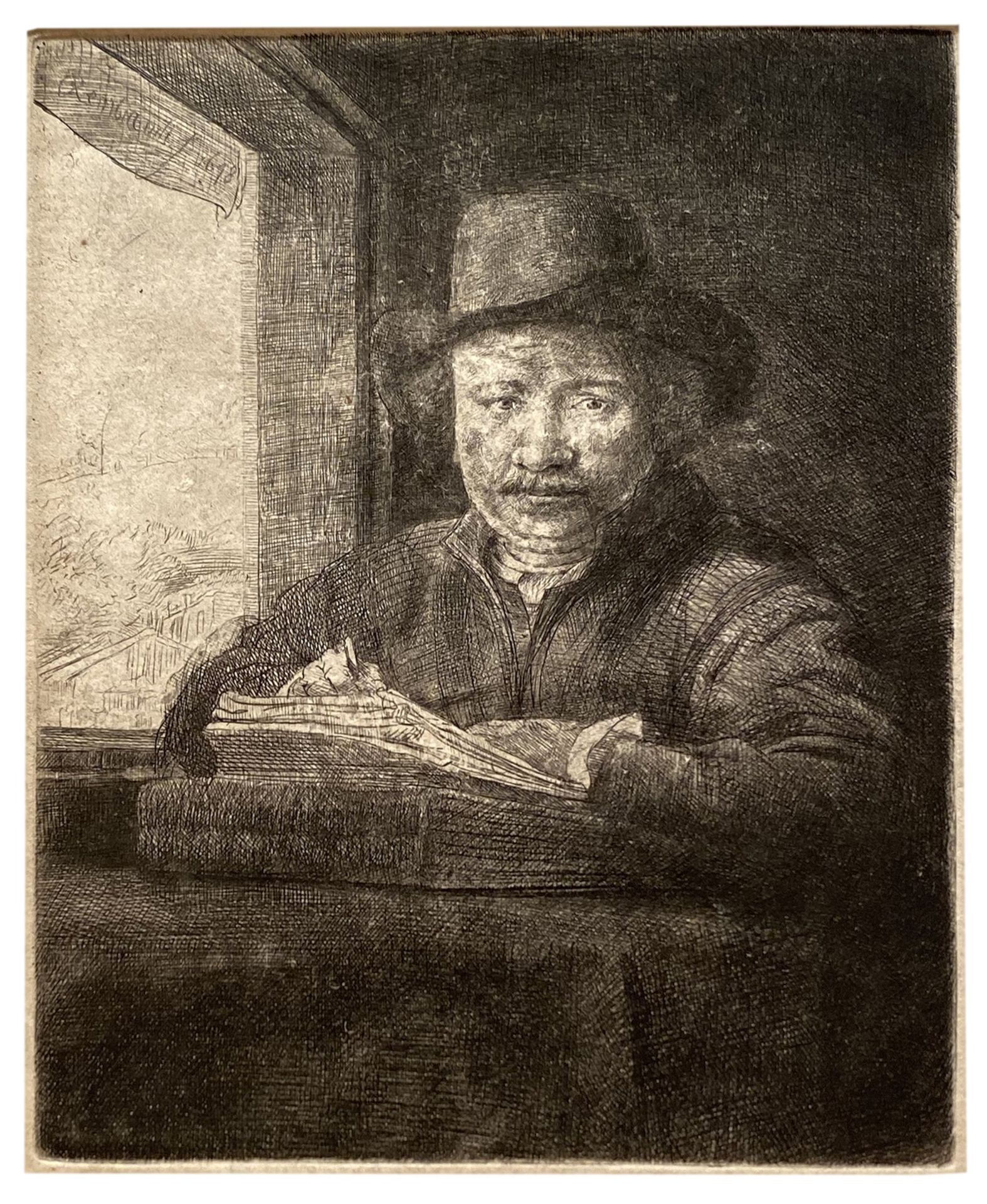 Rembrandt van Rijn (1606-1669) Self-Portrait etching at a Window