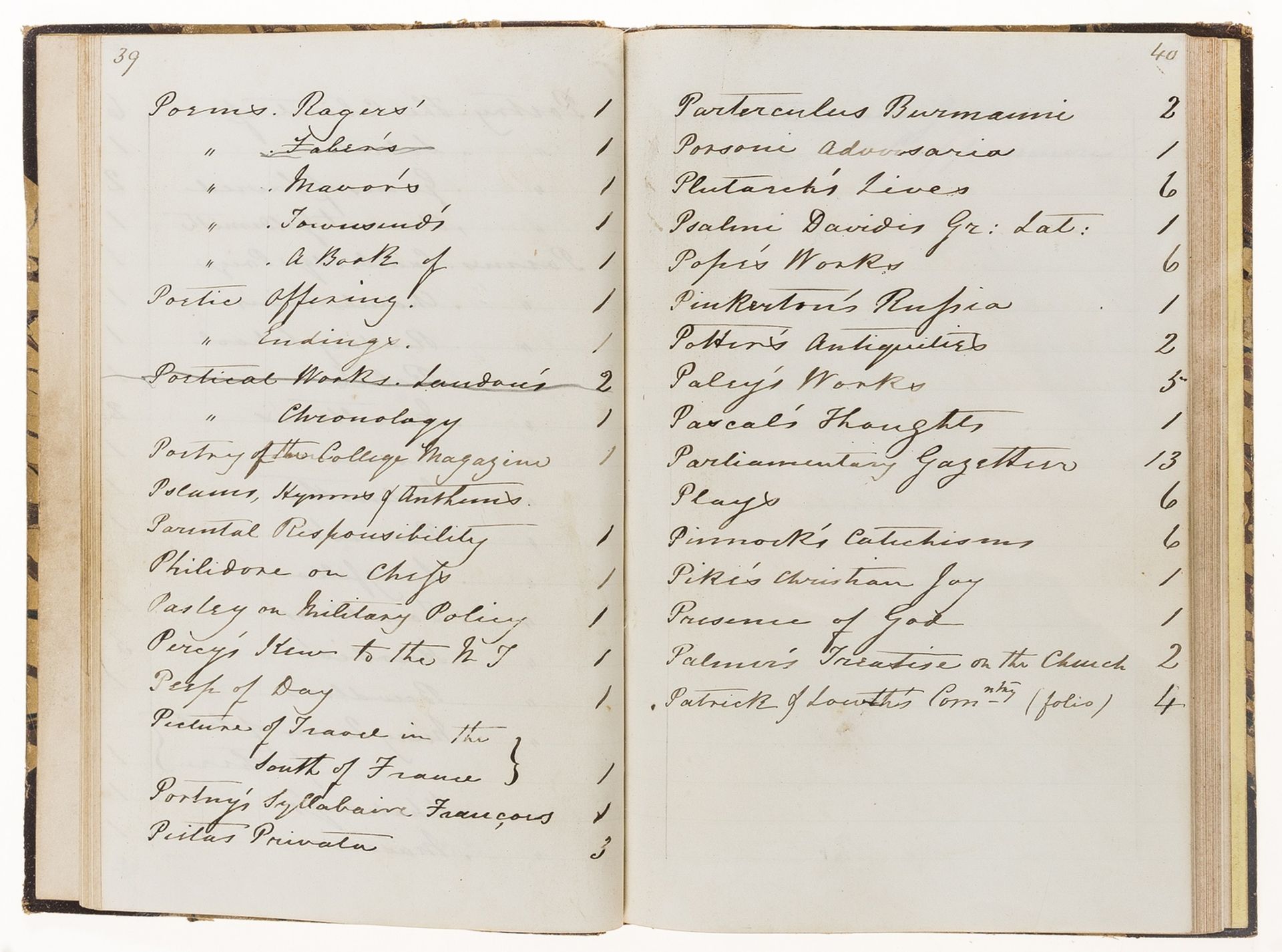 Library Catalogue, manuscript, [c. 1840-60].