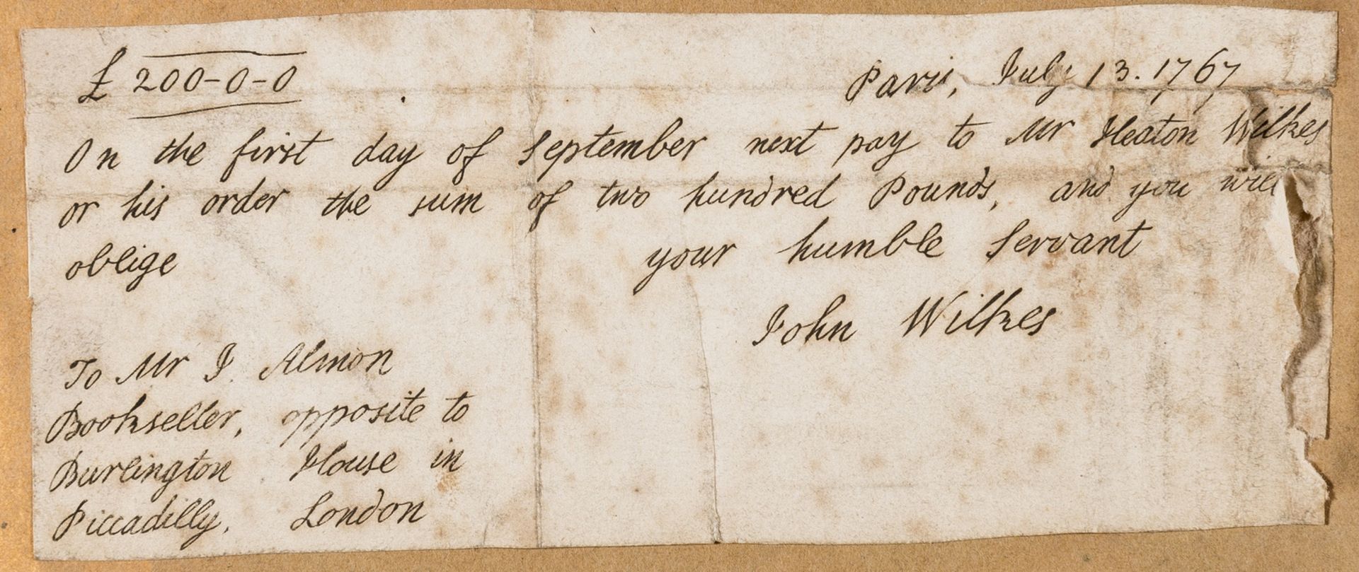 Wilkes (John) Autograph note signed to "Mr J. Almon, Bookseller", 1767. - Image 2 of 2