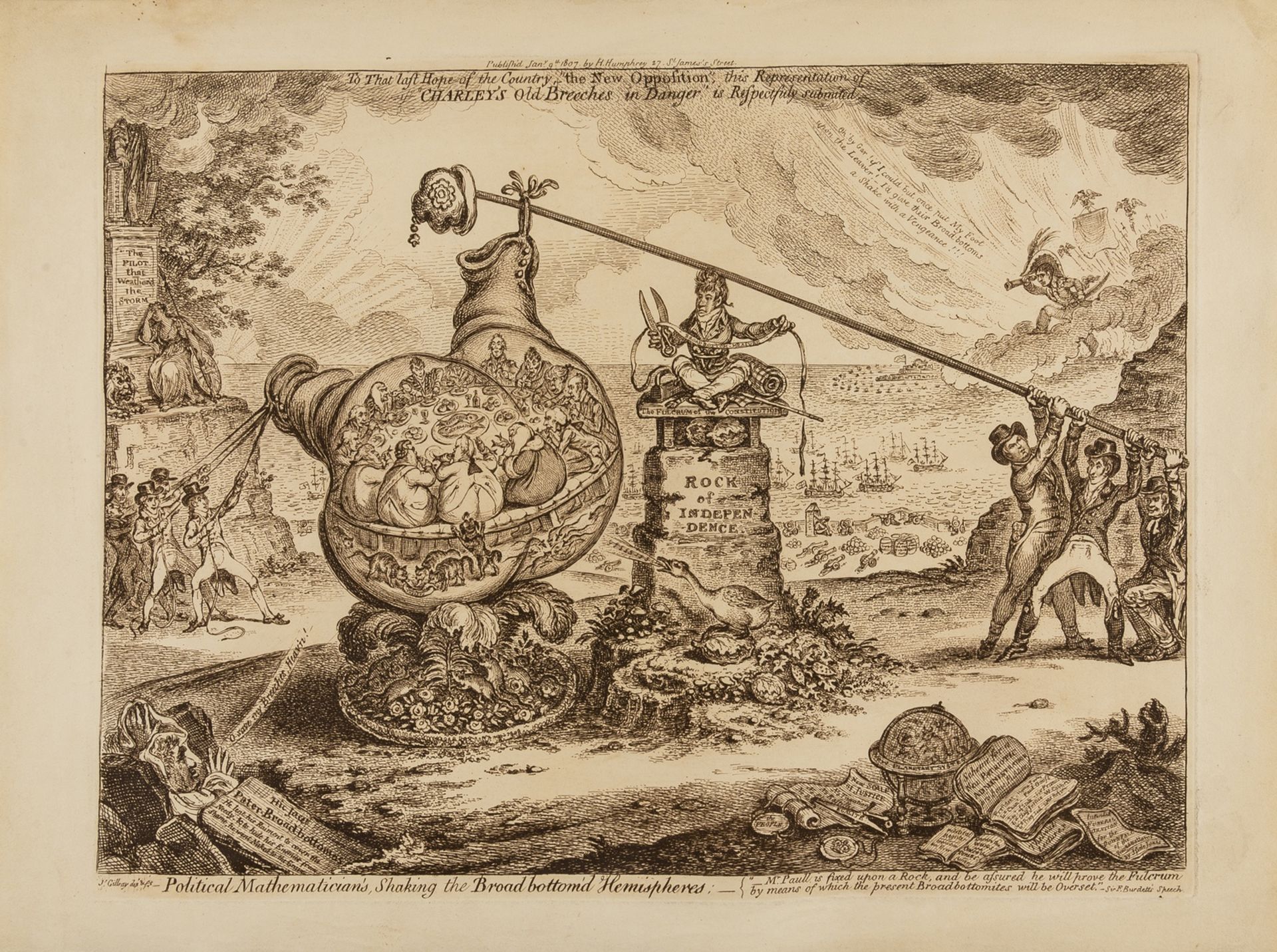 Gillray (James, 1756-1815) Political Mathematician's, Shaking the Broad bottom'd Hemispheres, 1807.