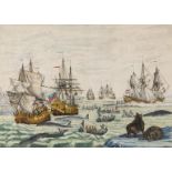 Whaling.- Dutch School (19th Century) Five large sailing ships and five smaller rowing boats, …