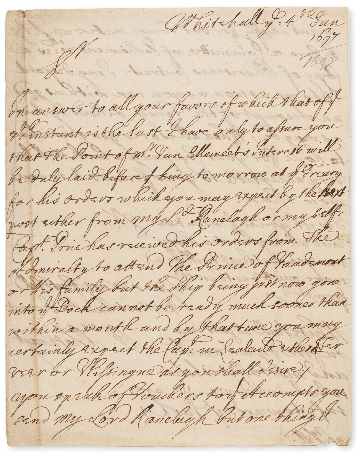 Burning of Whitehall Palace.- Blathwayt (William) Autograph Letter signed, 1697 [1698], "Whitehall …