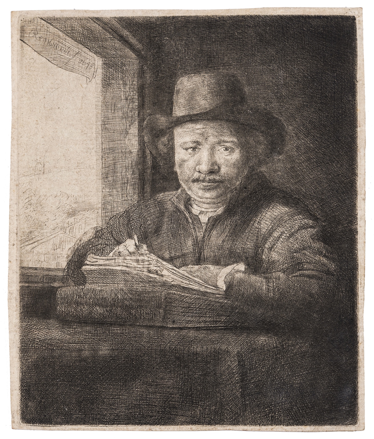 Rembrandt van Rijn (1606-1669) Self-Portrait etching at a Window