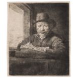 Rembrandt van Rijn (1606-1669) Self-Portrait etching at a Window