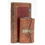 Cottage roof binding,- Red morocco binding, [18th century]; and an unused ledger in red morocco (2)