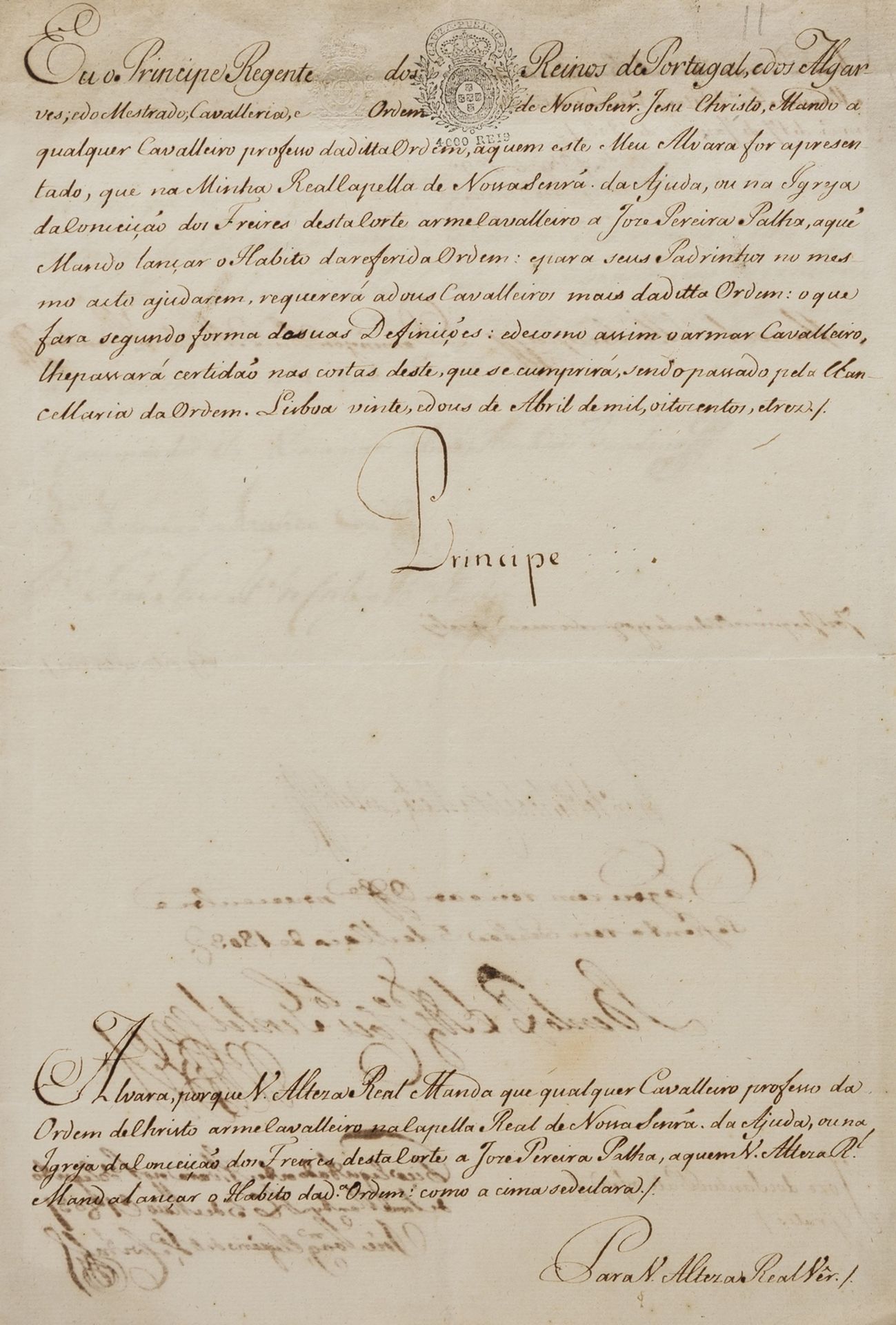 Portugal.- John VI (King of Portugal, as Prince Regent) Document ?signed "Principe" appointing …