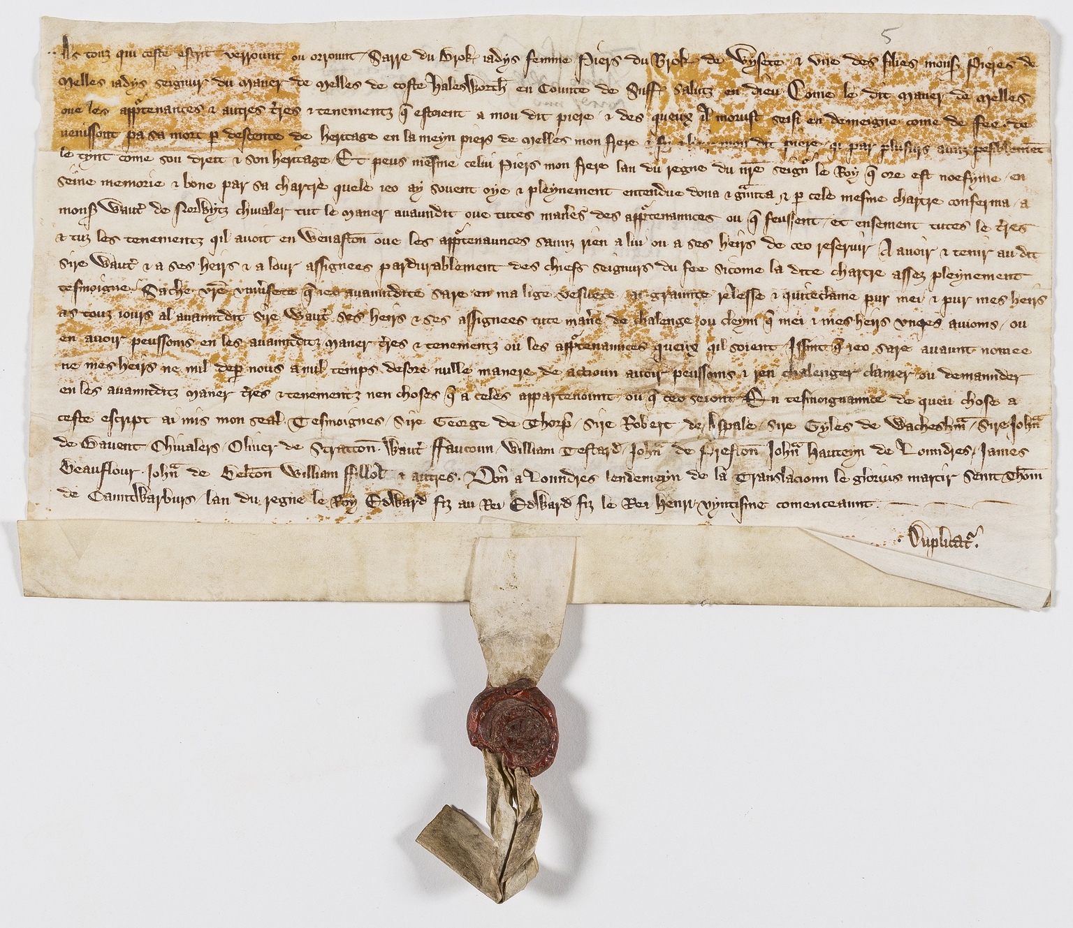 Norwich (Sir Walter de, chief baron of the exchequer, d. 1329) Charter of Sarah du Brok confirming …