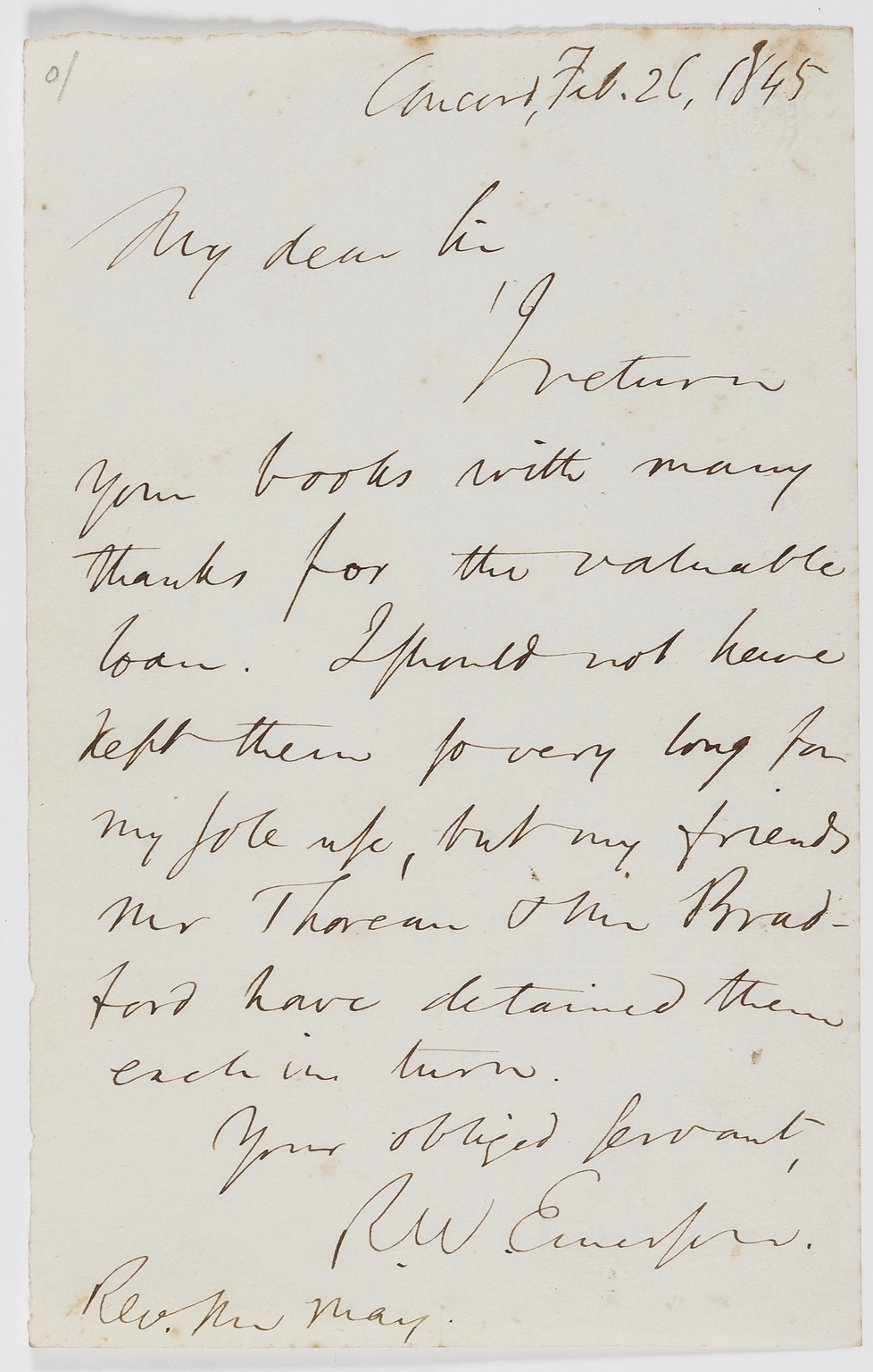 Emerson (Ralph Waldo) Autograph Letter signed to "My dear Sir", 1845, mentioning Henry Thoreau, "I …