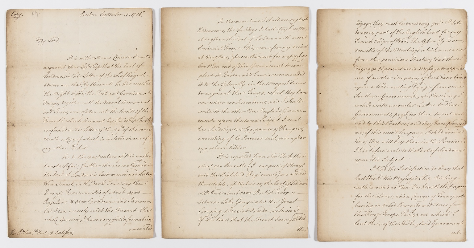 America.- Shirley (William, colonial governor) Copy letter to the Earl of Halifax, Boston, 1756, … - Image 2 of 2