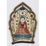 Buddhism.- A panel from a Sinicized Tibetan Buddhist ritual crown, embroidered in silk, [?18th …