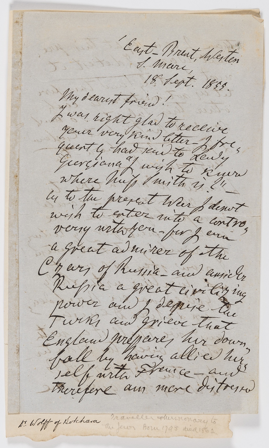 Missionary.- Wolff (Joseph, missionary) Autograph Letter signed to "My dearest friend", 1855, …