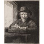 Rembrandt van Rijn (1606-1669) Self-Portrait etching at a Window