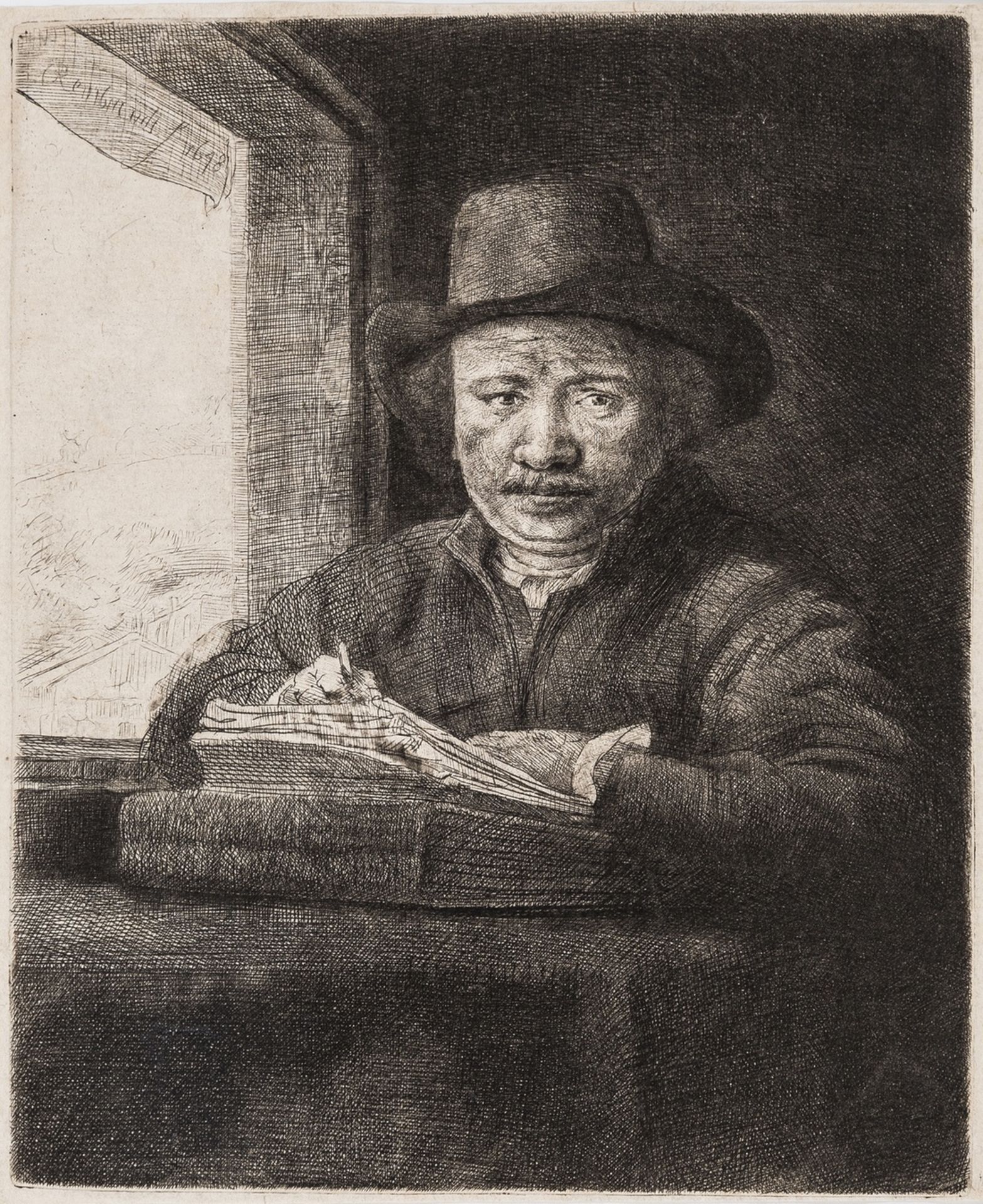 Rembrandt van Rijn (1606-1669) Self-Portrait etching at a Window