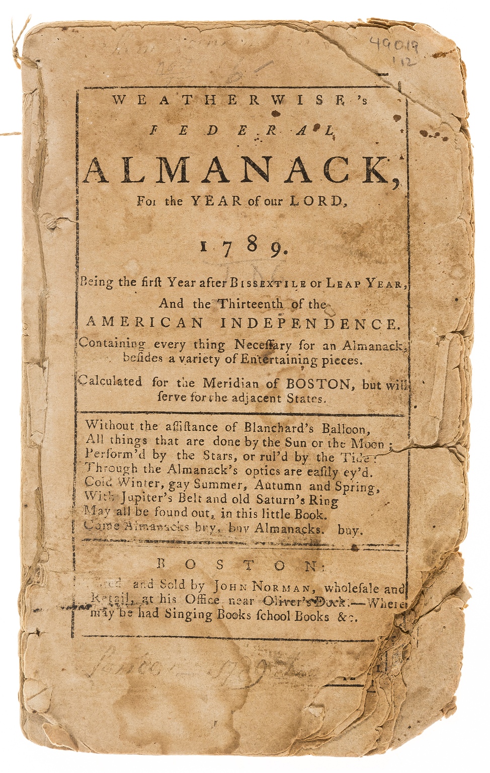 America.- Boston.- Weatherwise's federal almanack, for the year of our Lord, 1789. ... Calculated …