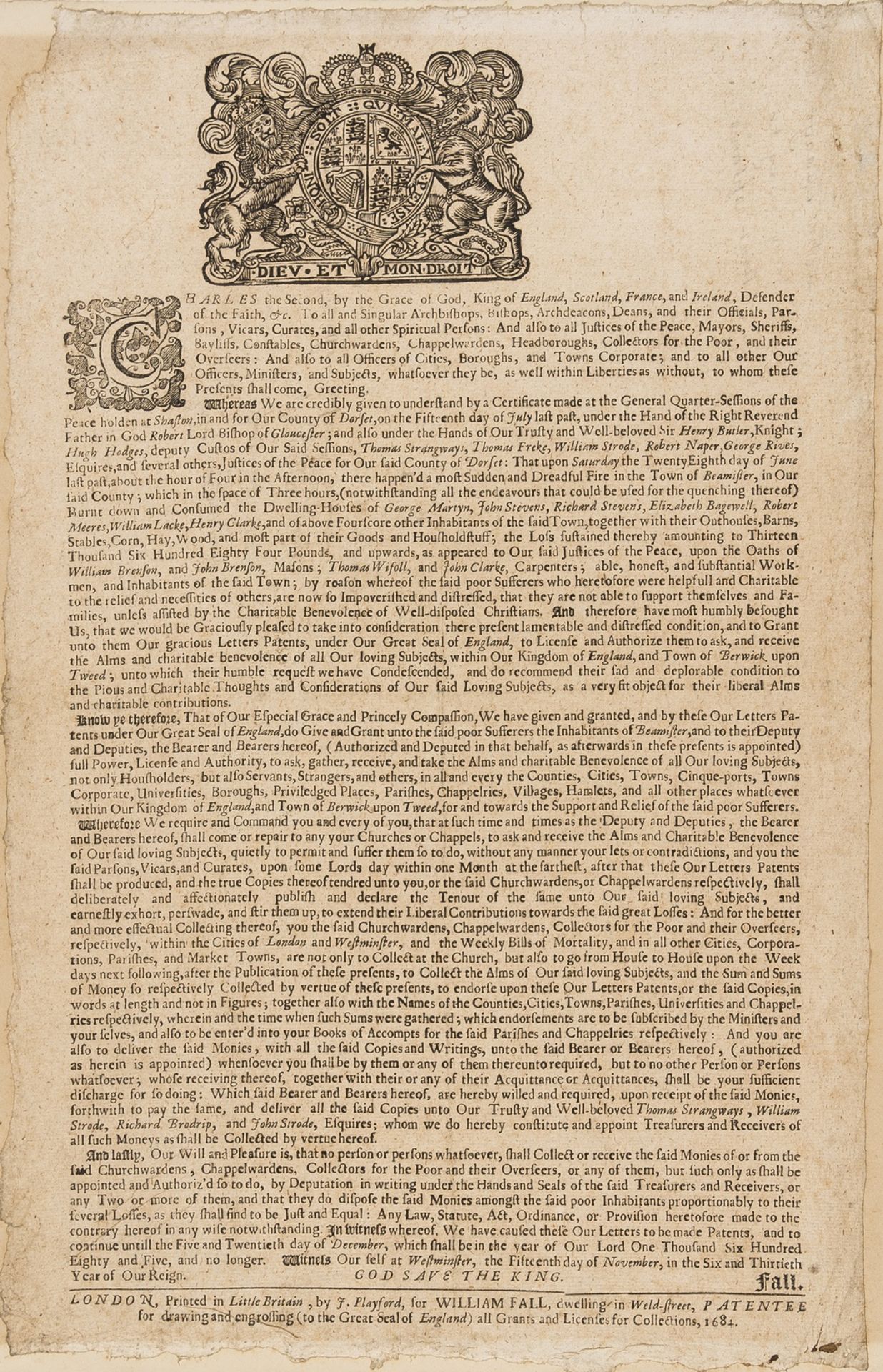 Dorset.- Beaminster Fire.- Charles II (King) Whereas we are credibly given to understand... That …