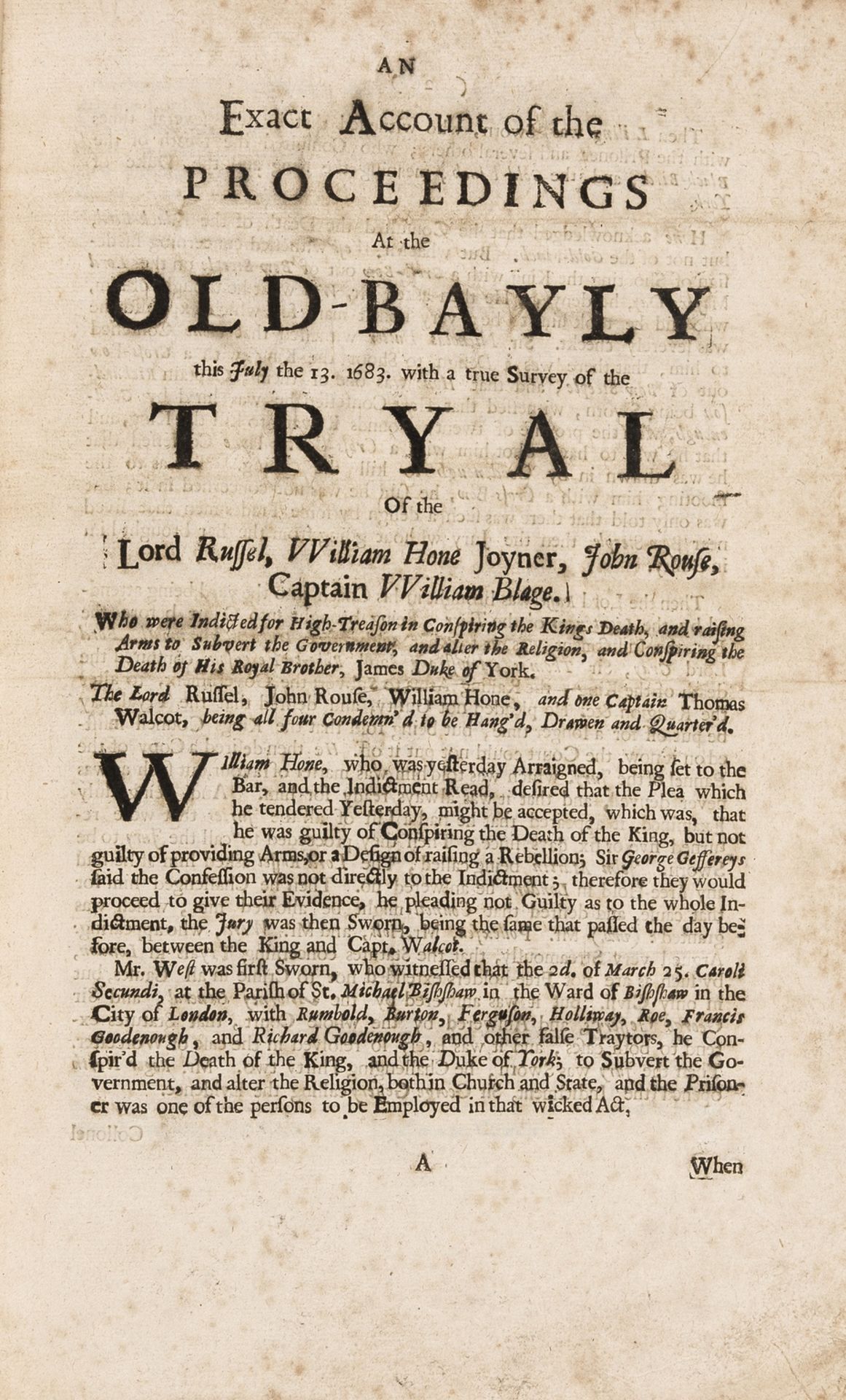 Rye House Plot.- Exact Account (An) of the Proceedings at the Old-Bayly...of the Tryal of the Lord … - Image 2 of 2