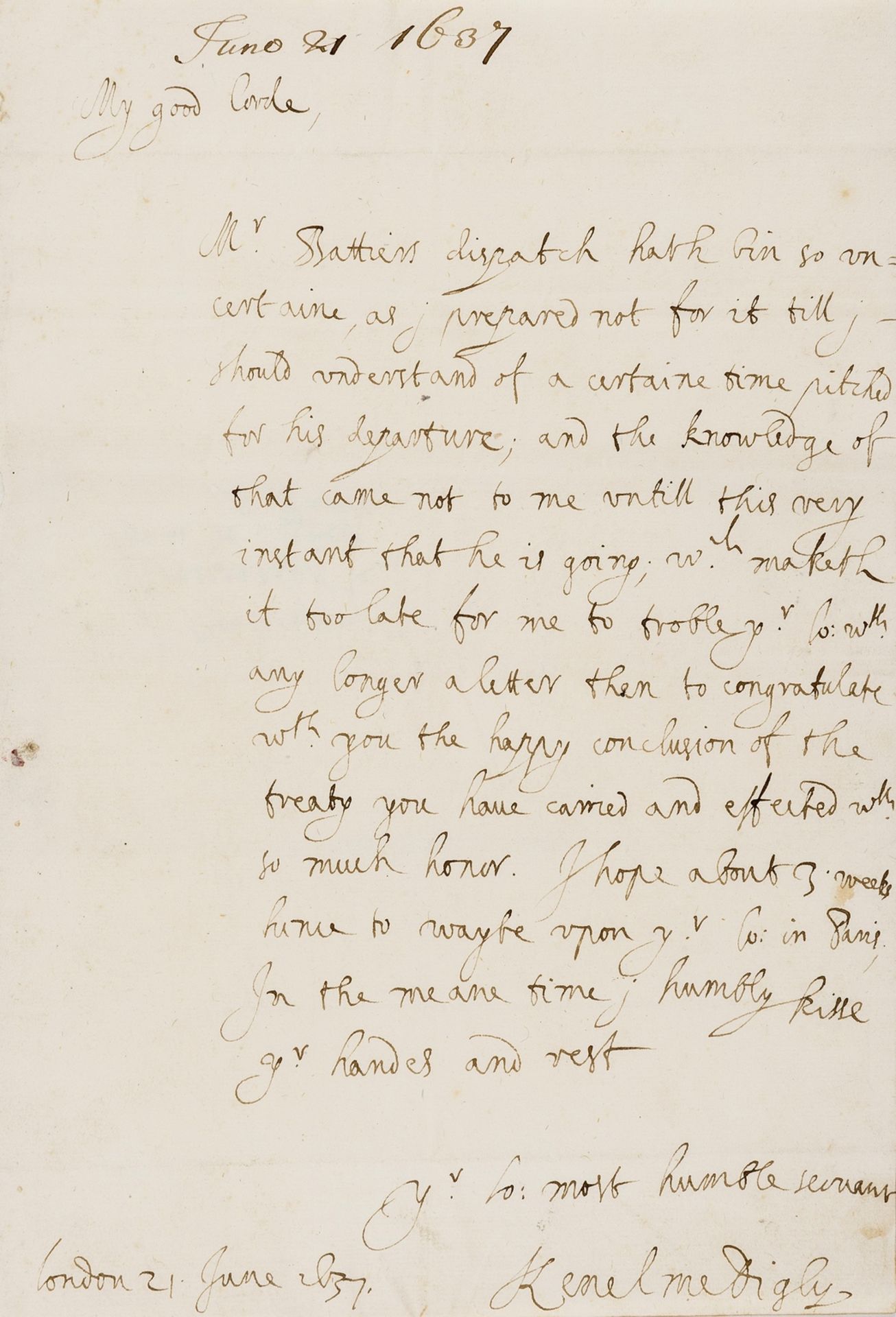 Digby (Sir Kenelm, natural philosopher and courtier) Autograph Letter signed to Robert Sidney, …