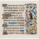 Book of Hours. Single leaf, illuminated manuscript in Latin, on vellum, in a large gothic …