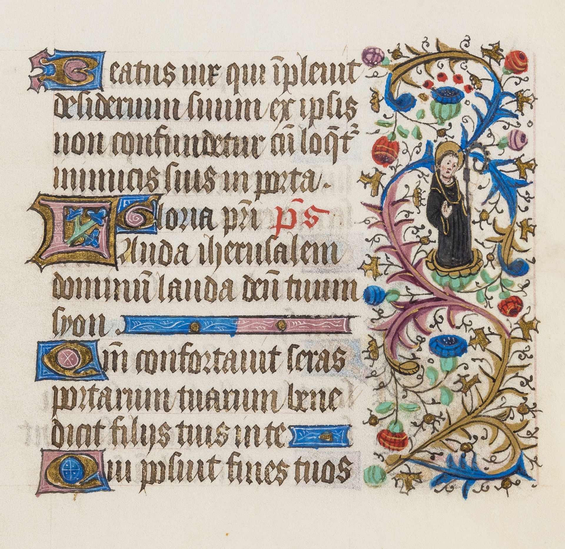 Book of Hours. Single leaf, illuminated manuscript in Latin, on vellum, in a large gothic …