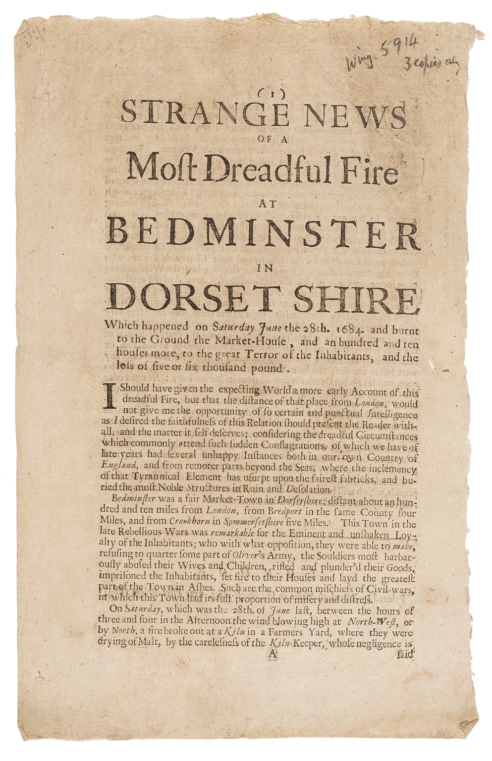 Dorset, ?Beaminster.- Strange News of a Most Dreadful Fire at Bedminster in Dorsetshire, …