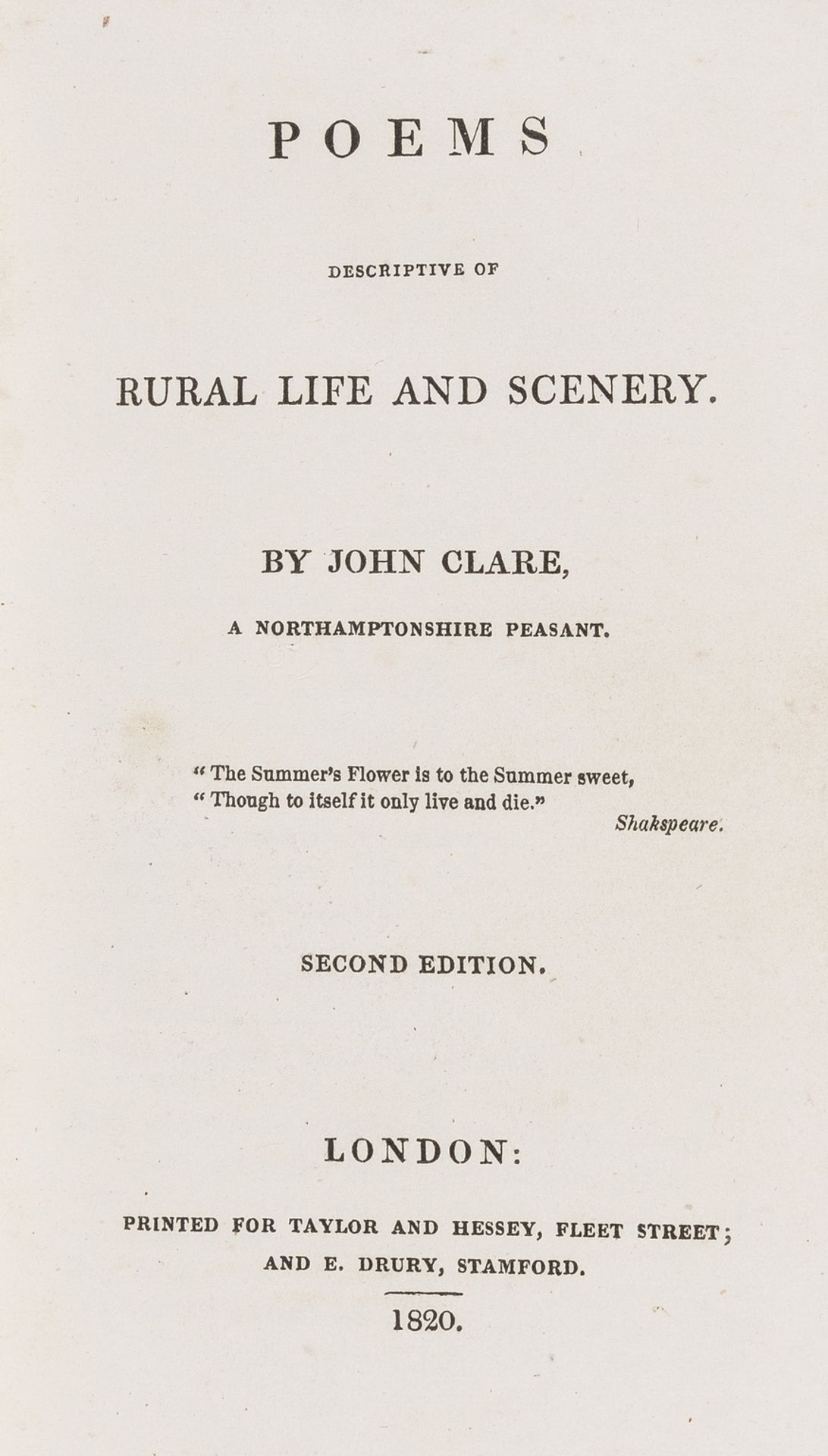 Clare (John) Poems Descriptive of Rural Life and Scenery, second edition, London and Stamford, …