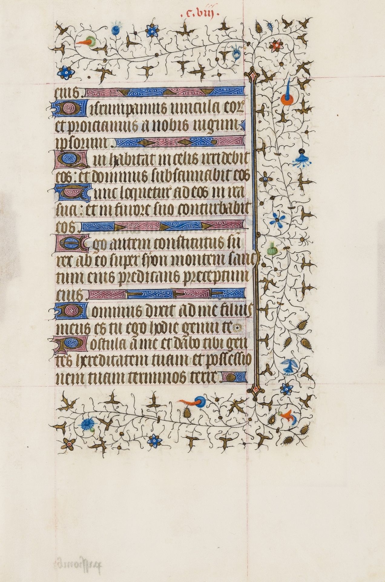 Book of Hours. Single leaf, illuminated manuscript in Latin, on vellum, in a large gothic …