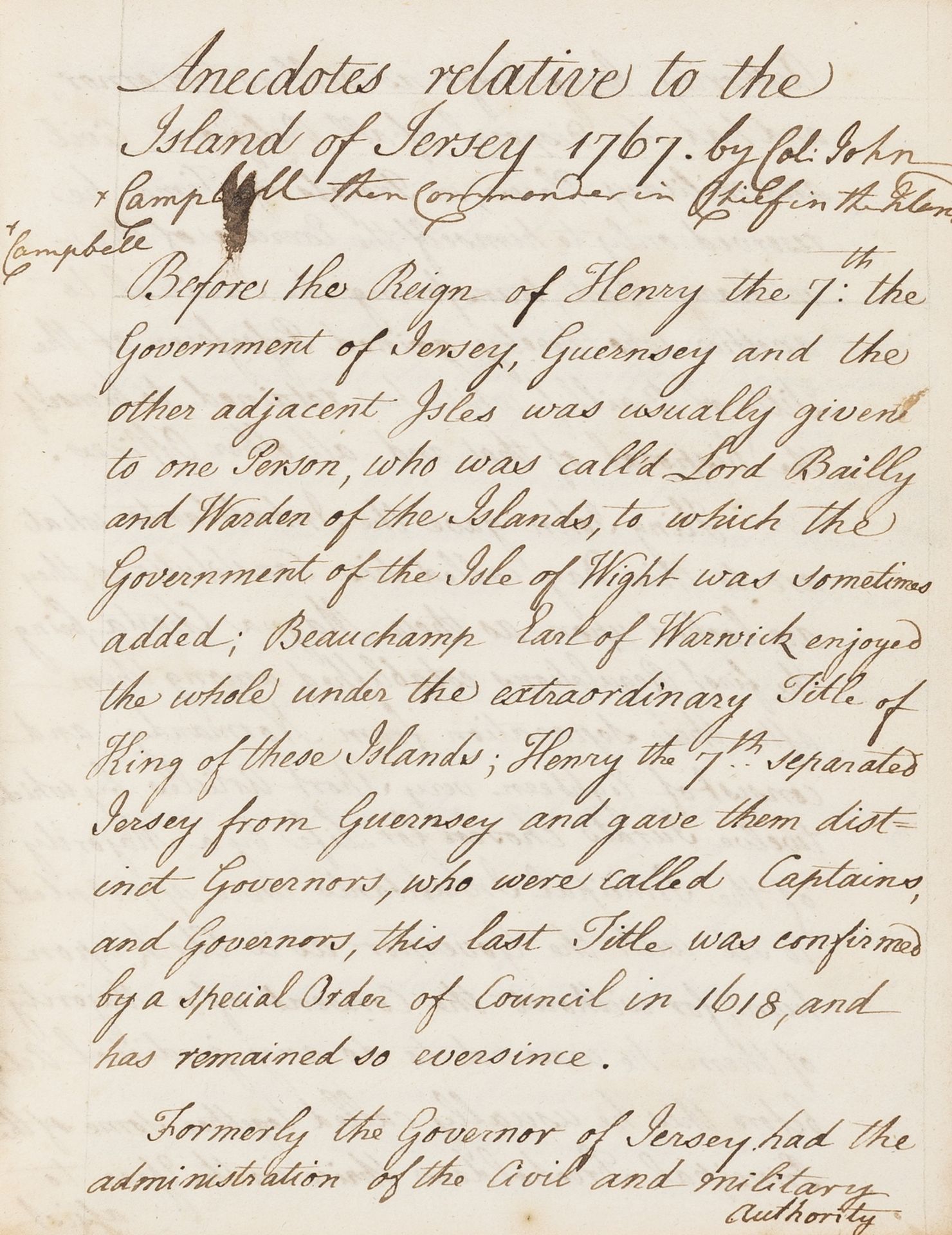 Jersey.- Campbell (John, Colonel, Commander-in-Chief of Jersey) Anecdotes Relative to the Island …