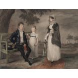 Dighton the Elder (Robert) Portrait group of parents and a child in a garden, 1811.