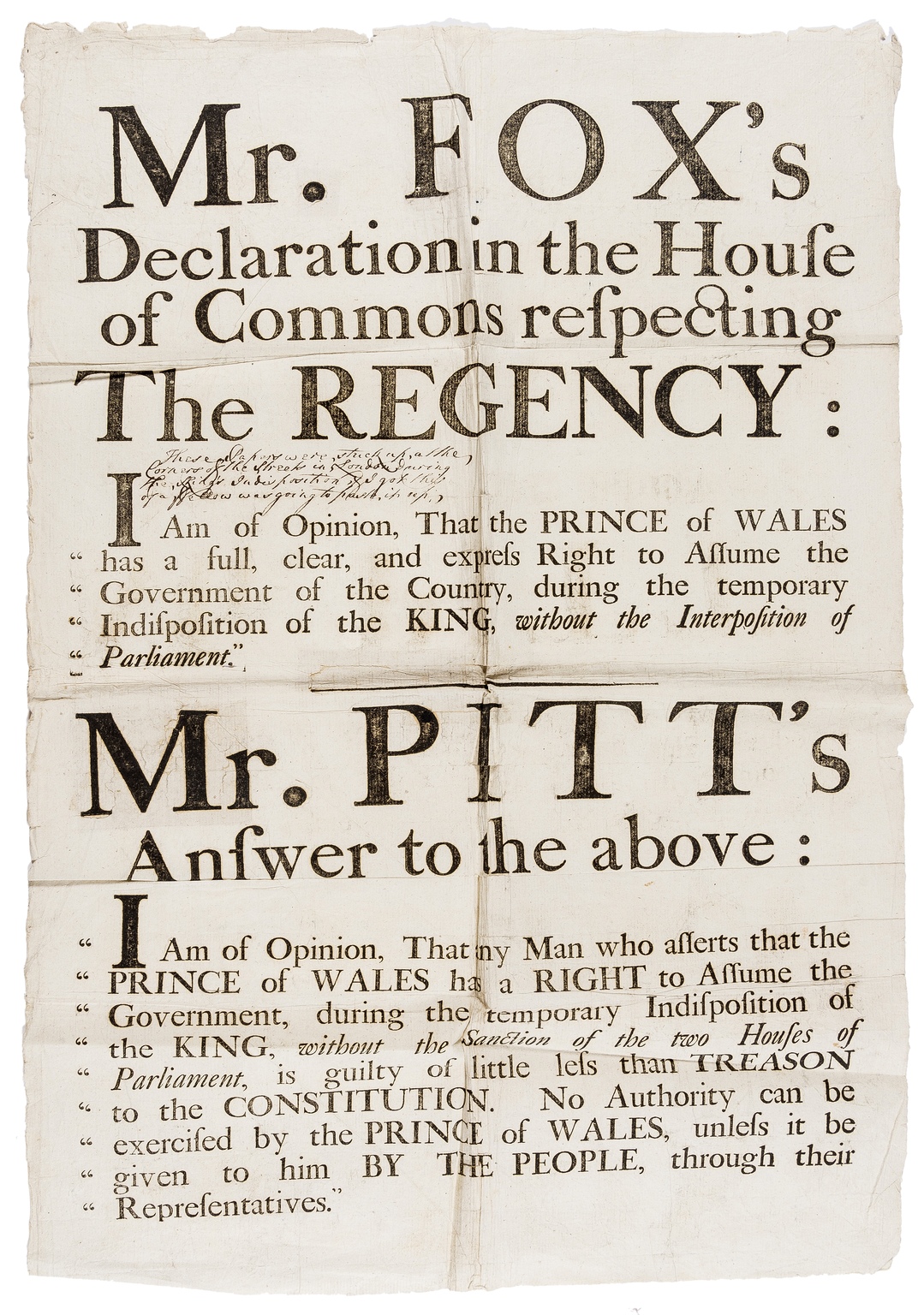 Madness of George III.- Mr. Fox's Declaration in the House of Commons respecting The Regency [&] …