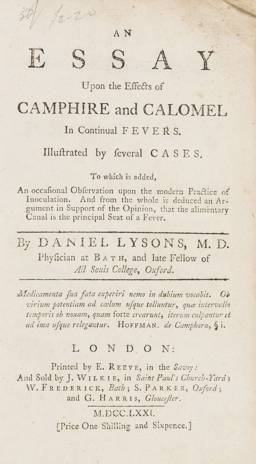 Inoculation .- Lysons (Daniel) An essay upon the effects of camphire and calomel in continual …