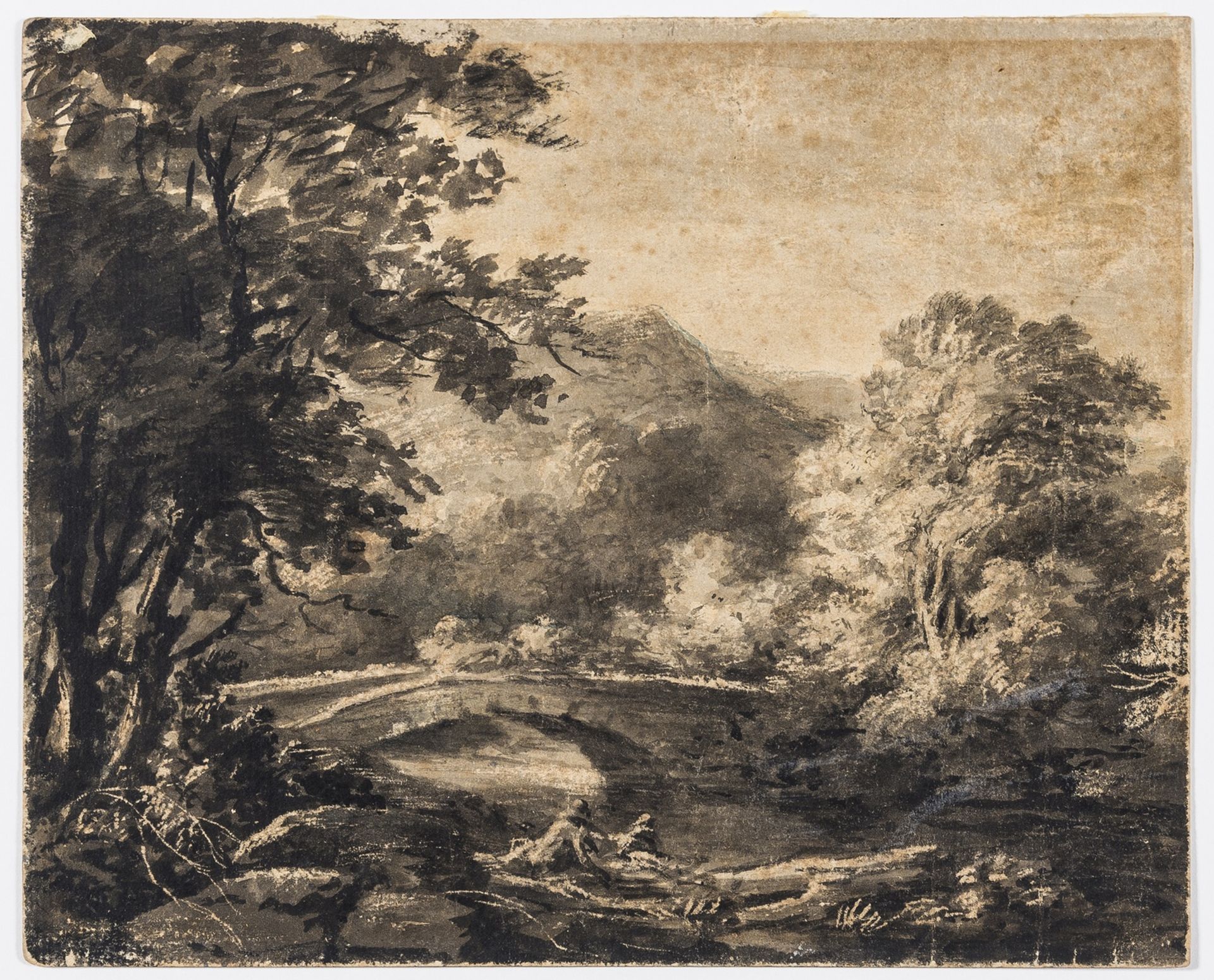 Gainsborough (Thomas), Manner of. Wooded landscape with fisherman before a bridge [recto]; …