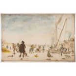 Prints & Drawings.- Avercamp (Hendrick), Manner of. Frozen river landscape with figures drawing …