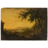 English School (early 19th century) Pastoral landscape at sunset; Two figures before a waterfall …