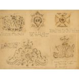 Military.- Badges and belt buckles.- c.25 sheets of pencil rubbings of badges and belt buckles, a …