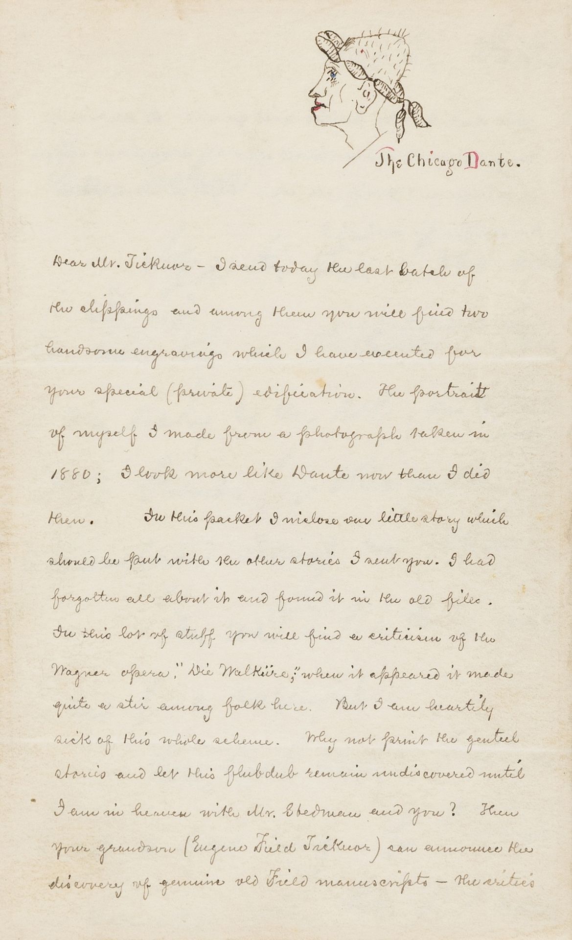 Field (Eugene) Autograph Letter signed to Benjamin Holt Ticknor, 1887, sending "two handsome …