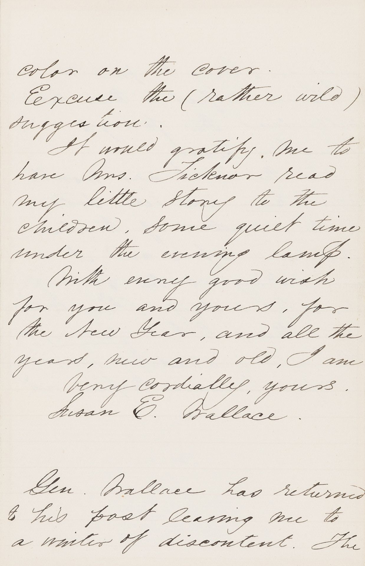 Ben-Hur.- Wallace (Susan, wife of Lew Wallace) Autograph Letter signed to Benjamin Holt Ticknor, …