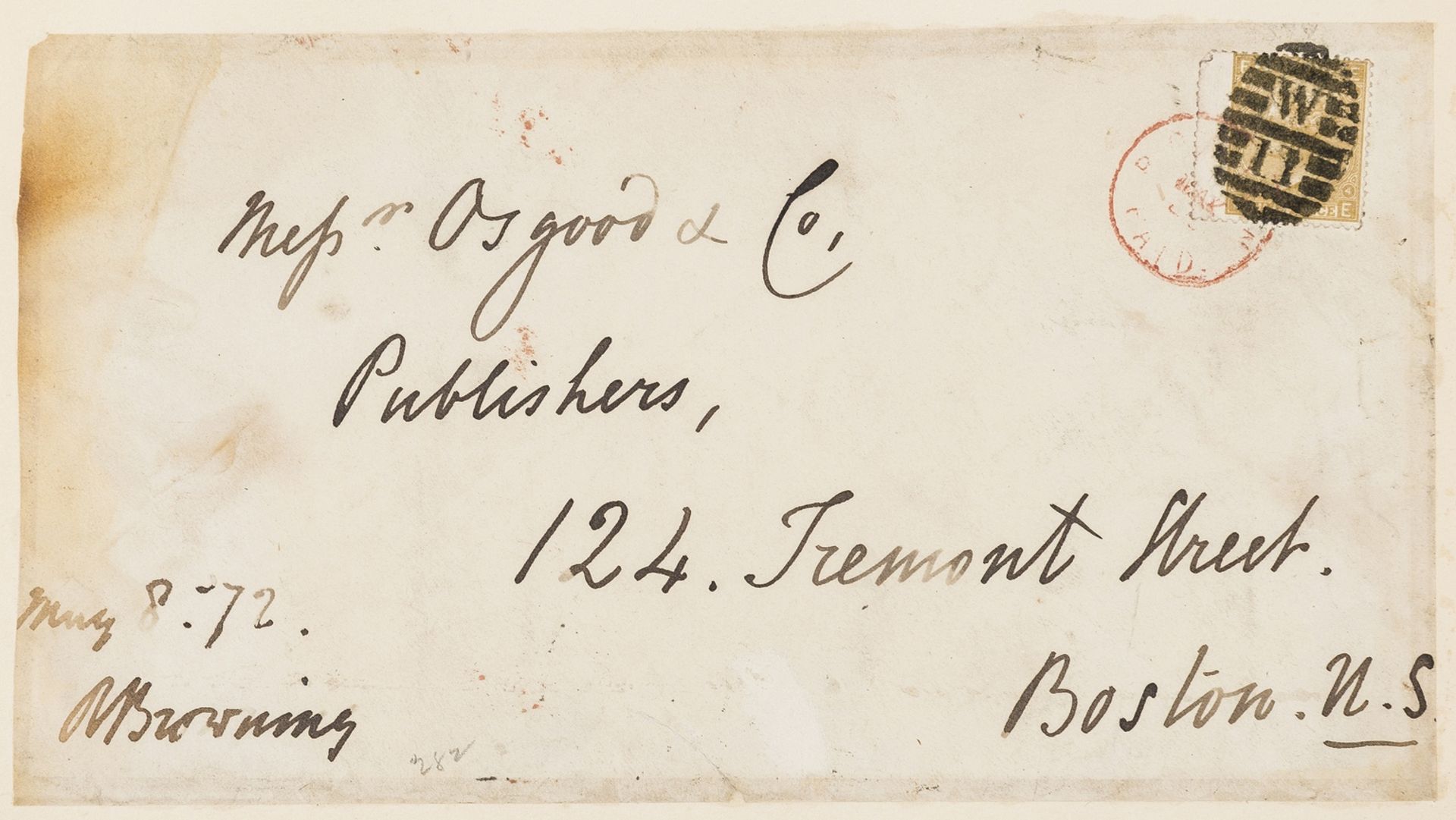 Browning (Robert) Autograph envelope front signed, 1872.