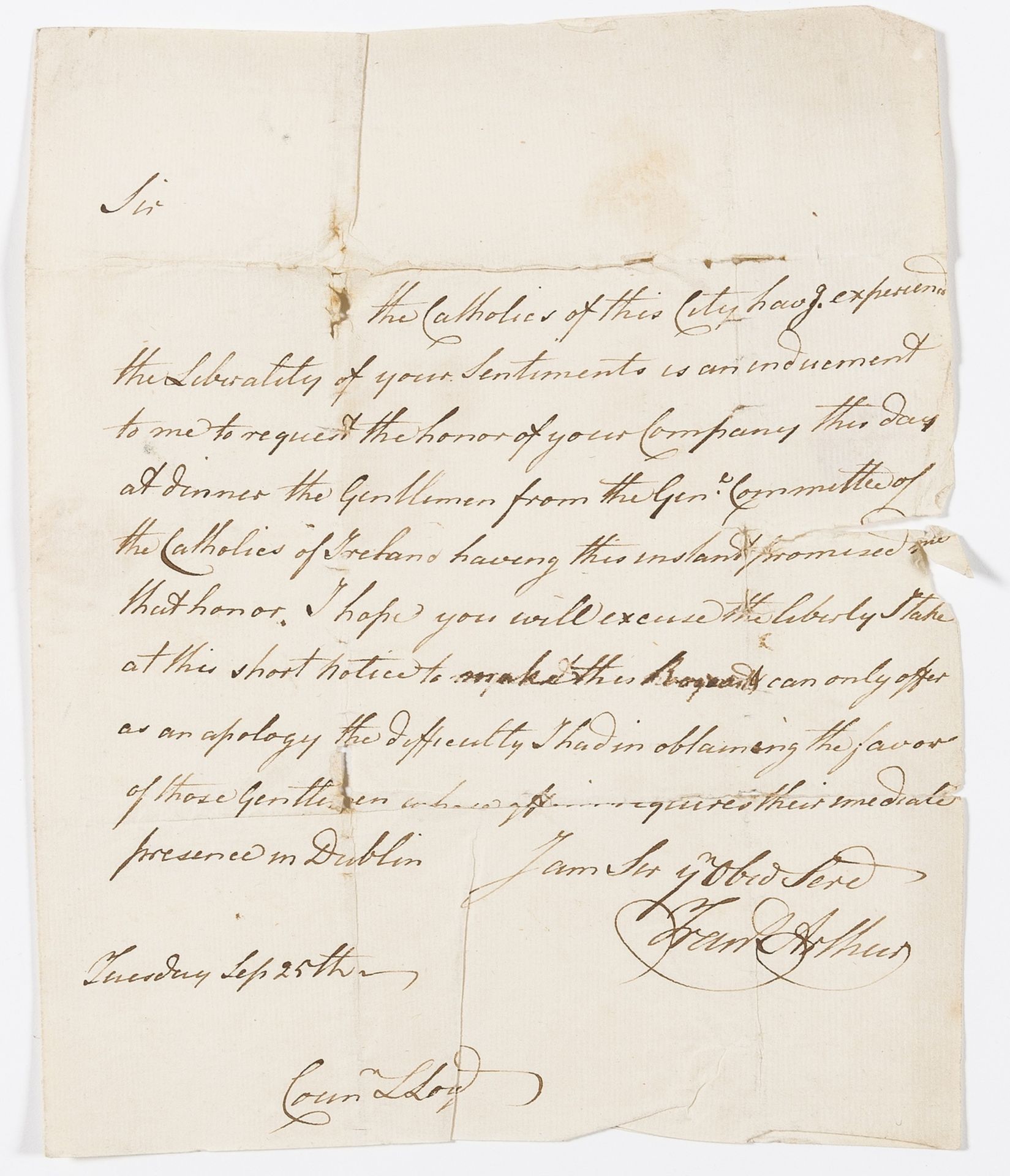 Ireland.- Arthur (Frank) Autograph Letter signed to Councillor Lloyd, of Newtown Ferry, n.y. [c. …