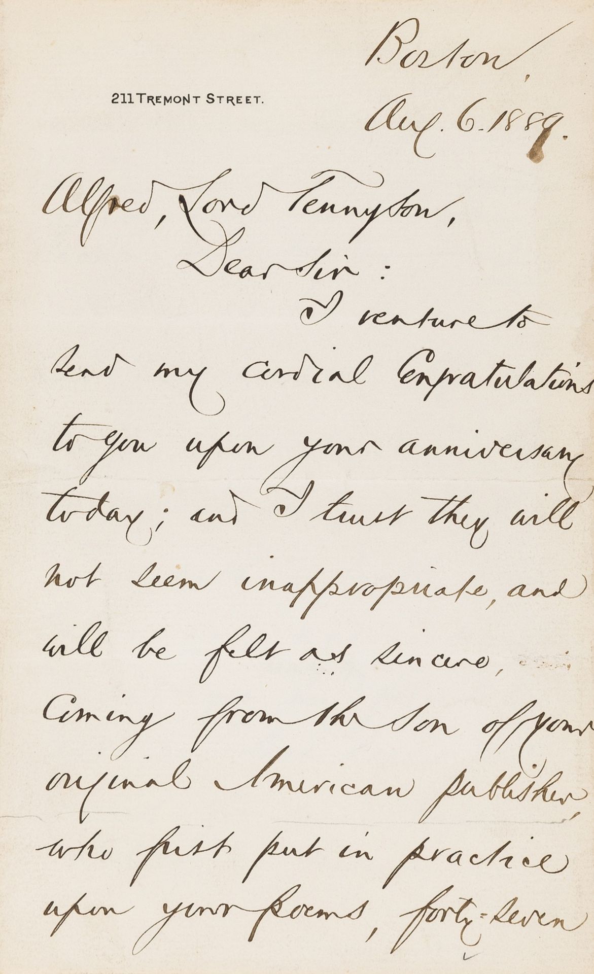 American Letters.- Collection, including: Benjamin Holt Ticknor to Alfred Lord Tennyson, Thomas …