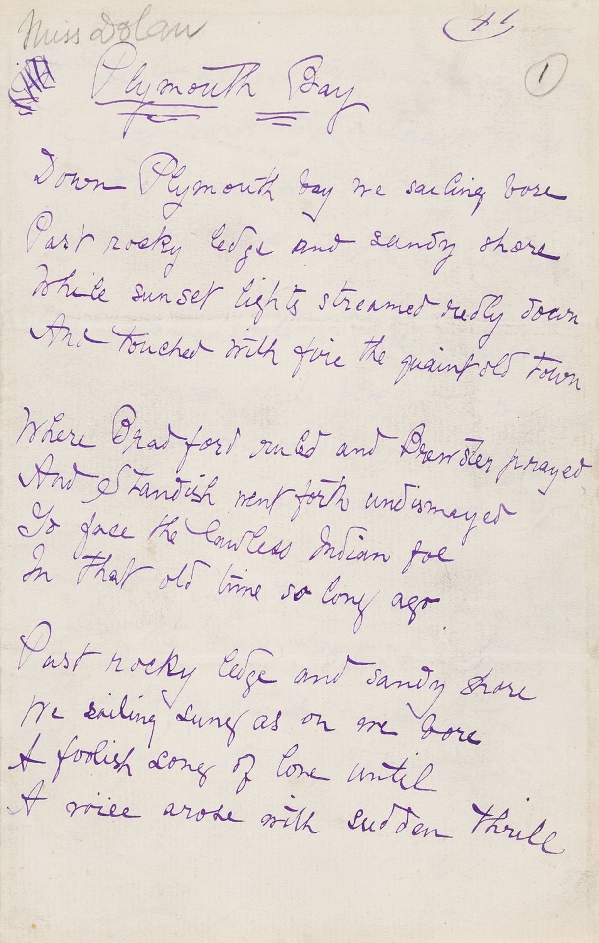 Perry (Nora, American poet and writer) Plymouth Bay, autograph poem, [c. 1880s]; and an ALs from …