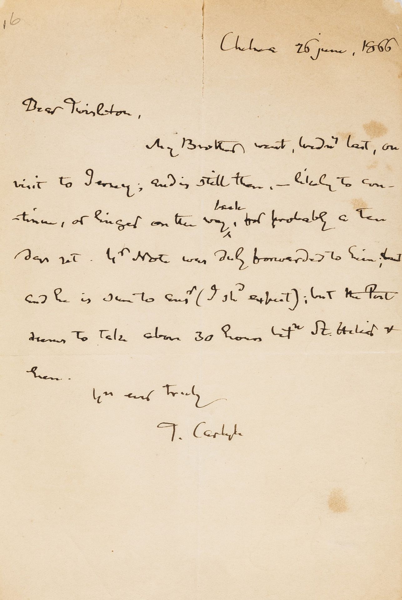 Carlyle (Thomas) Autograph Letter signed, 1866.